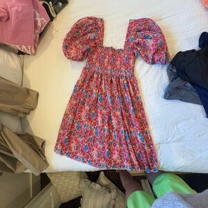 Zara Red and Pink pleated Sundress with Puff Sleeves